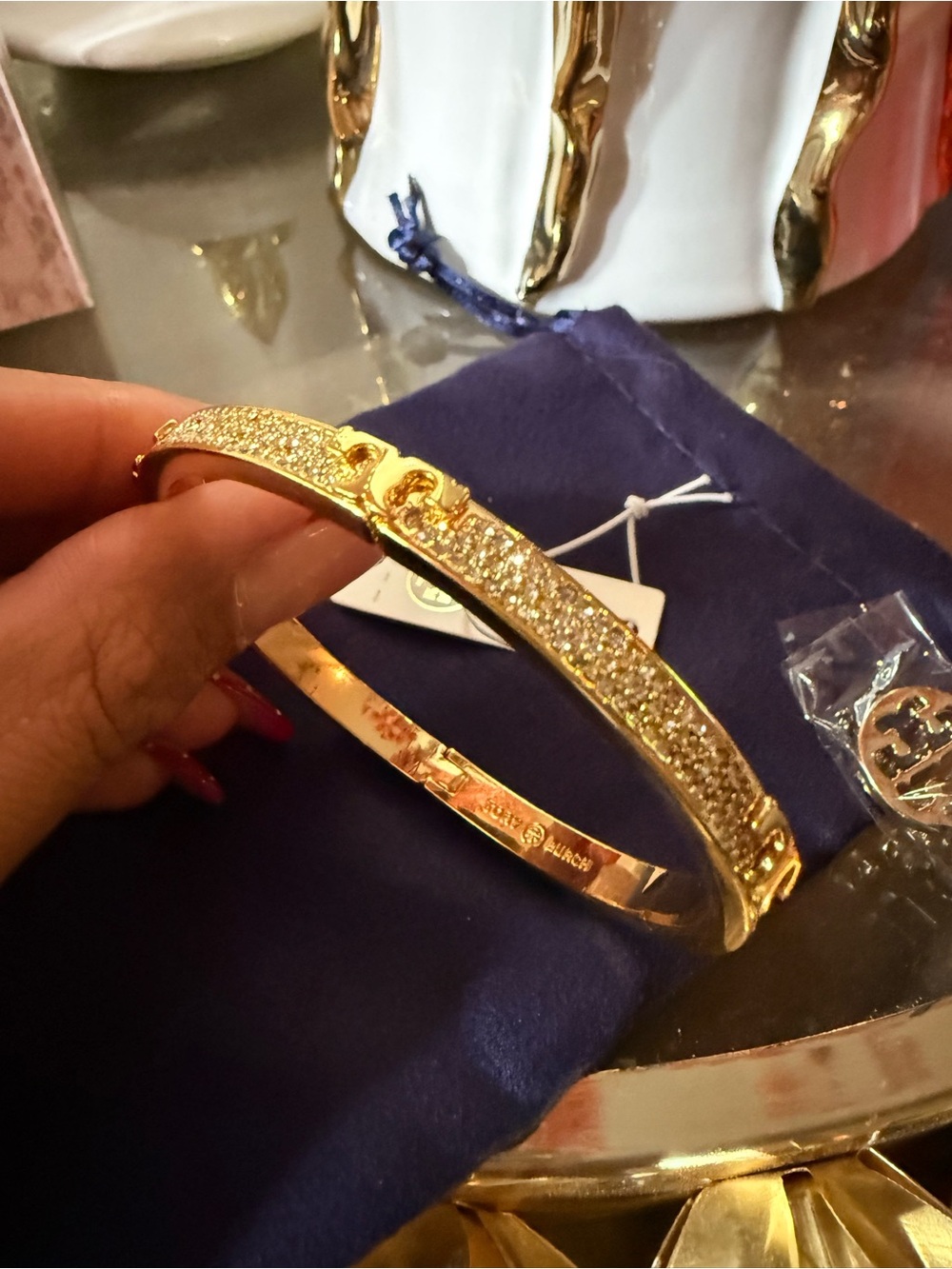 Tory Burch Gold Pavé Crystal Hinged Bangle Bracelet